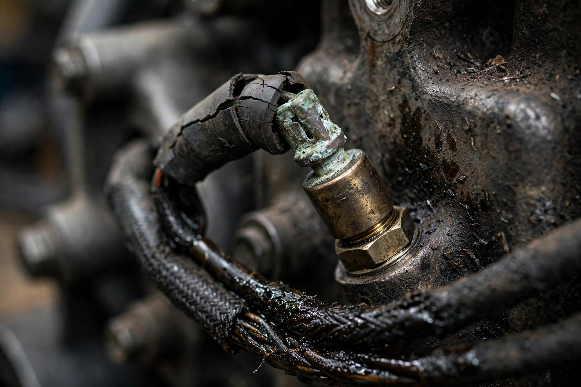 Corroded oil pressure sender with green oxidized terminal and cracked wire insulation on a diesel generator engine block