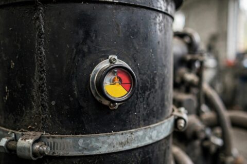 Air restriction indicator gauge showing yellow on the air cleaner canister of a diesel generator