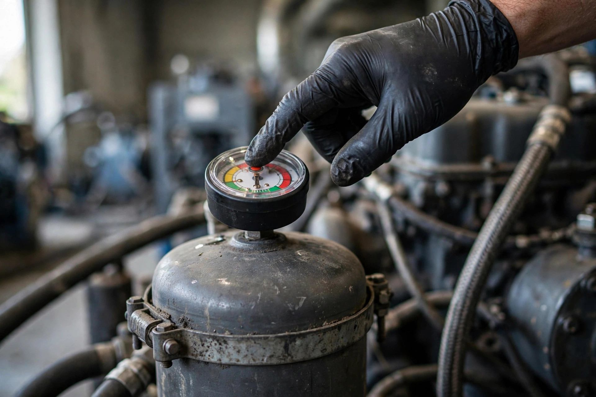 Technician pressing the reset button on a diesel generator air restriction indicator gauge