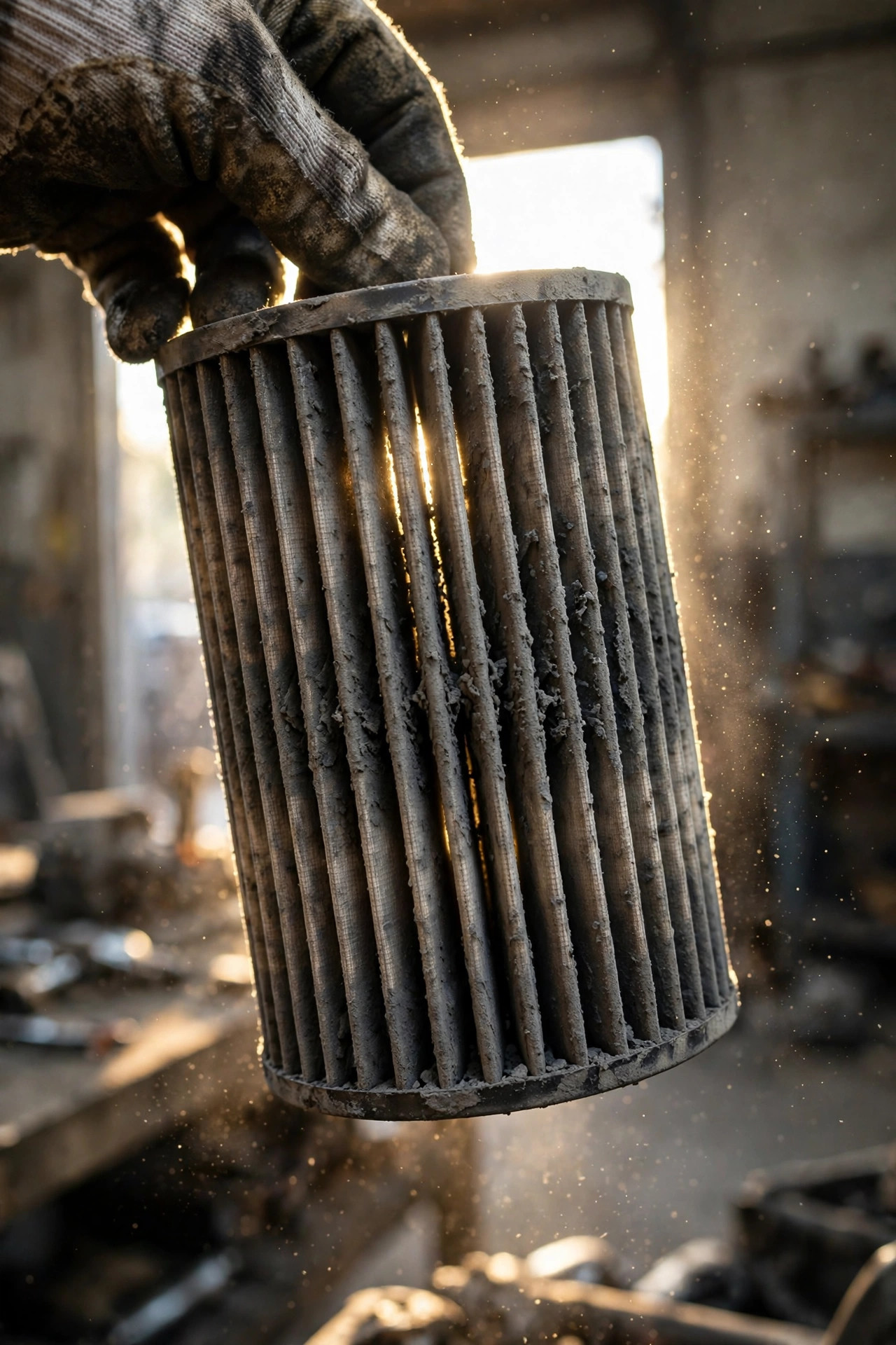 Dust-clogged diesel generator air filter element held up to backlight by a gloved hand