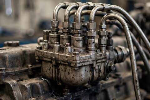 Close-up of a diesel generator fuel injection pump with high-pressure fuel lines