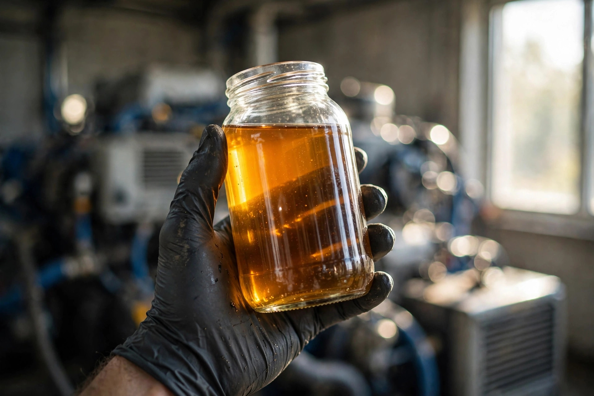 Technician holding a glass jar of diesel fuel sample up to light in a generator room