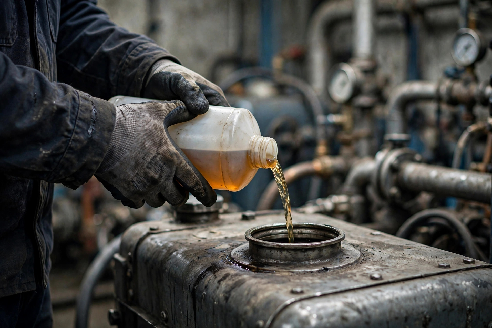 Gloved technician pouring fuel additive into a diesel generator fuel tank