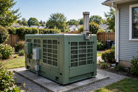 Canopy-enclosed residential diesel generator installed on a concrete pad beside a suburban house