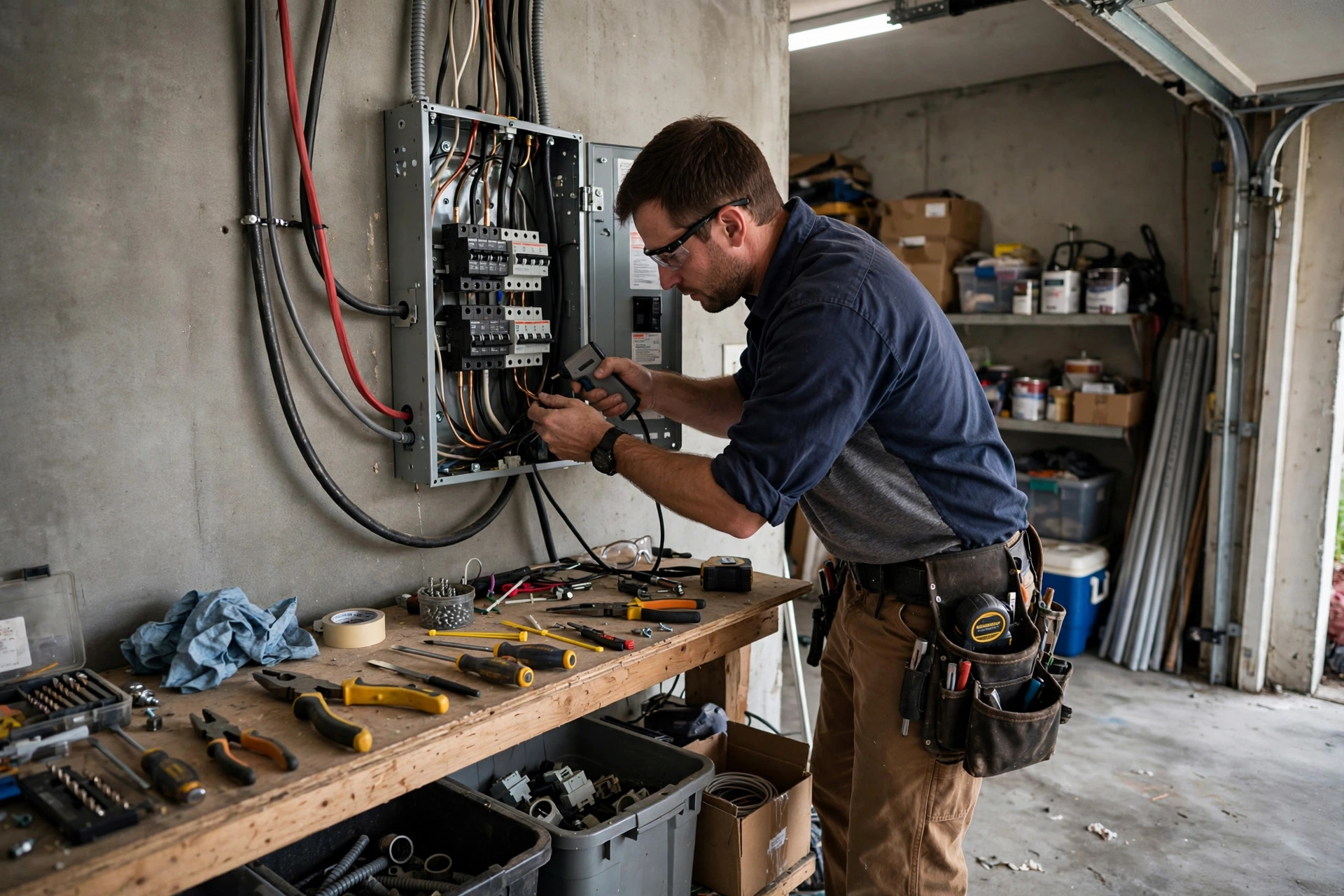 Electrician installing an automatic transfer switch panel for a home diesel generator