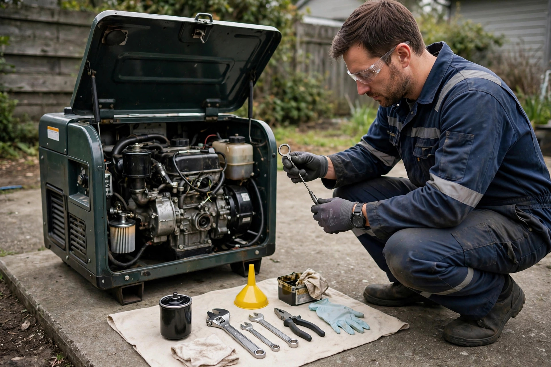 Technician performing routine maintenance on a small residential diesel generator set