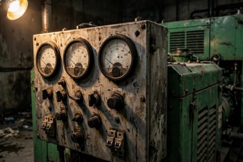Diesel generator control panel with analog voltage meters reading zero while the engine runs — the classic no-power-output fault