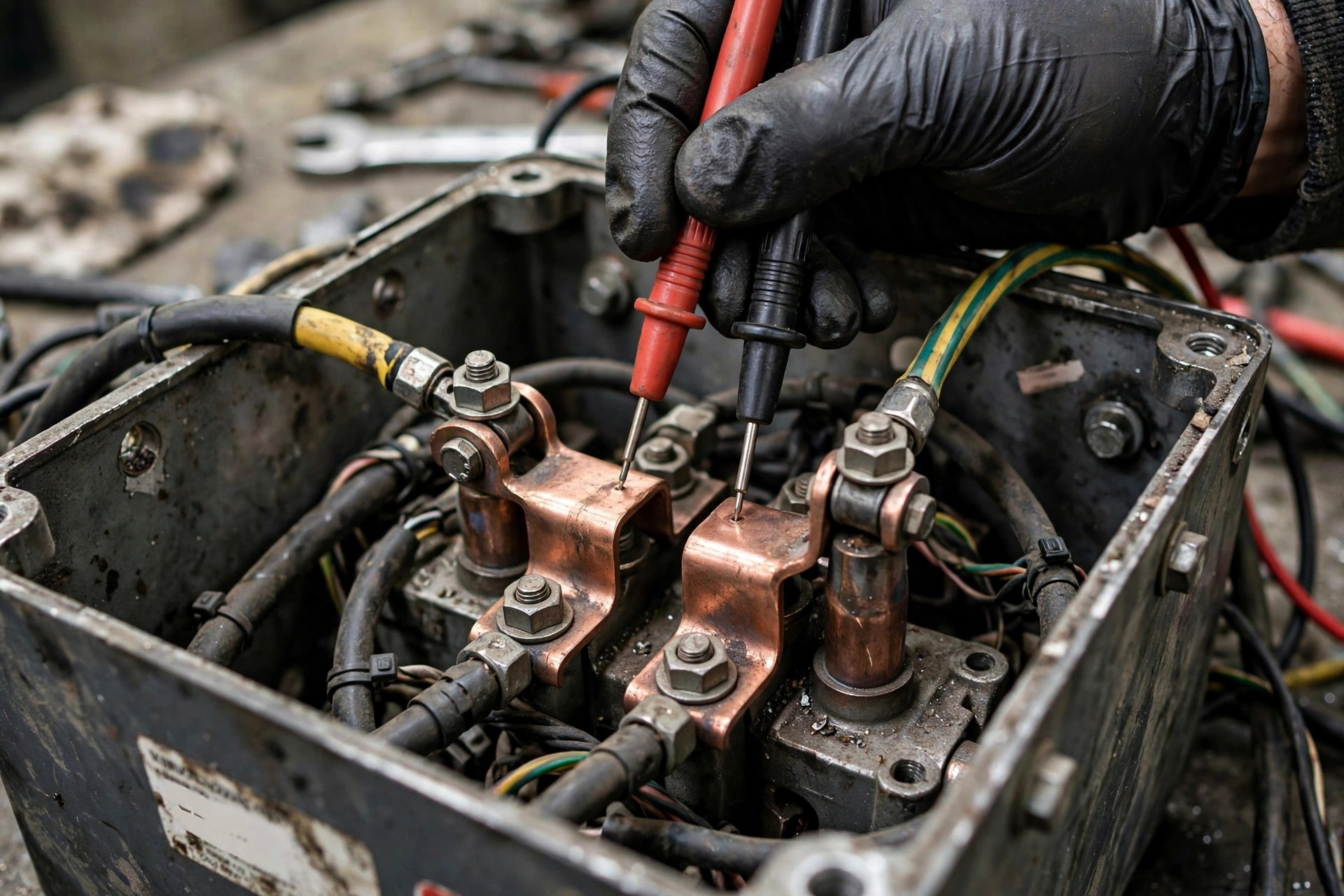 Technician measuring AC voltage at a diesel generator alternator's output terminals with a multimeter — always measure at the machine first