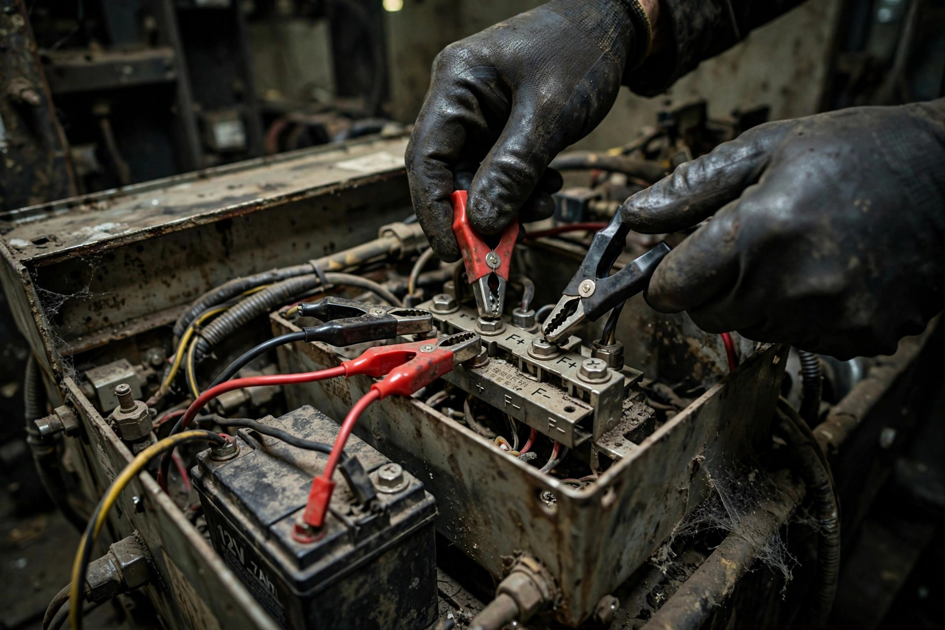 Field technician touching jumper leads from a 12-volt battery to the exciter field terminals to restore residual magnetism — field flashing