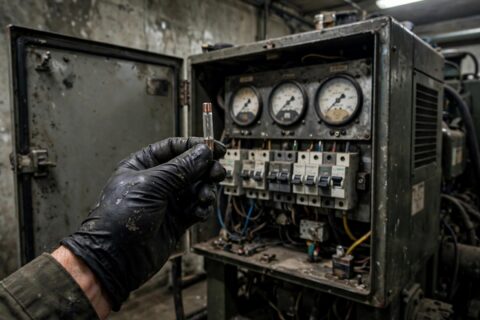 A technician's gloved hand holds a small glass sensing fuse in front of an open diesel generator control panel with voltage gauges