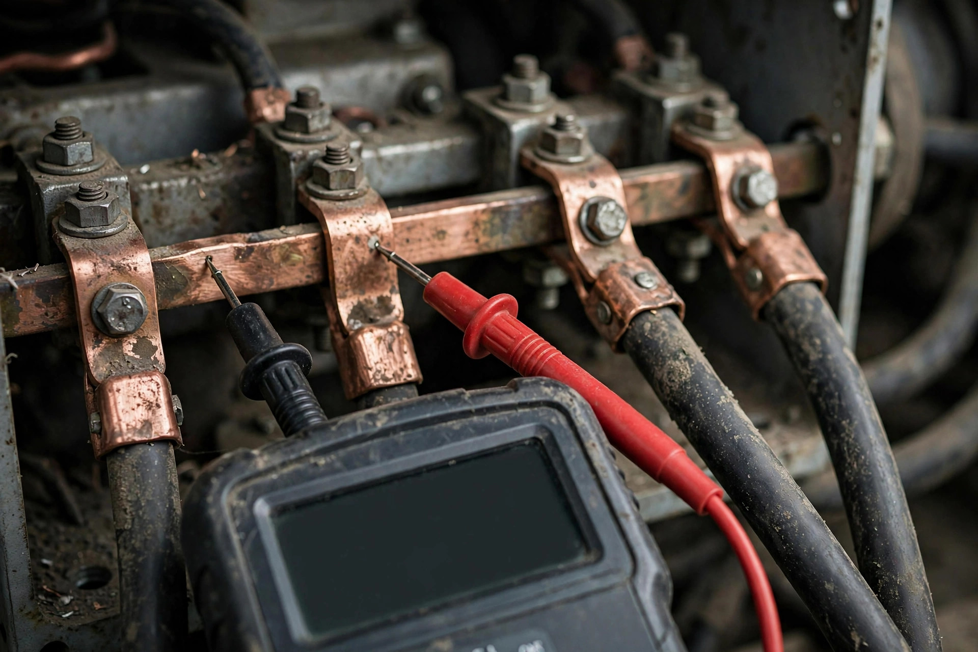 A multimeter measuring voltage at the copper busbar terminals inside a diesel generator alternator terminal box