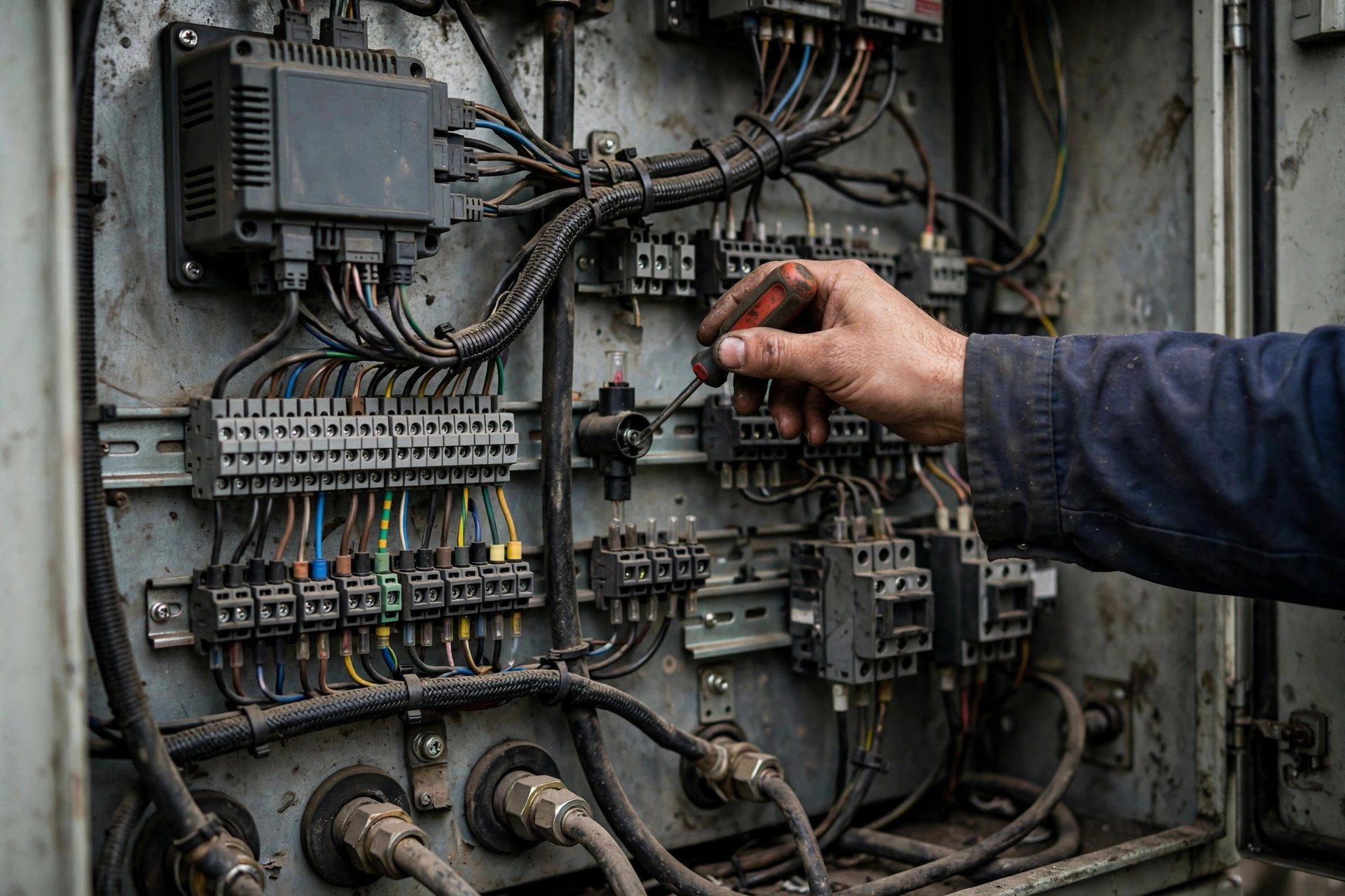 A technician checks a fuse holder inside a diesel generator control cabinet with wiring terminal blocks