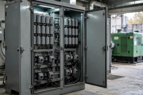 Industrial power factor correction capacitor bank cabinet installed beside a standby diesel generator