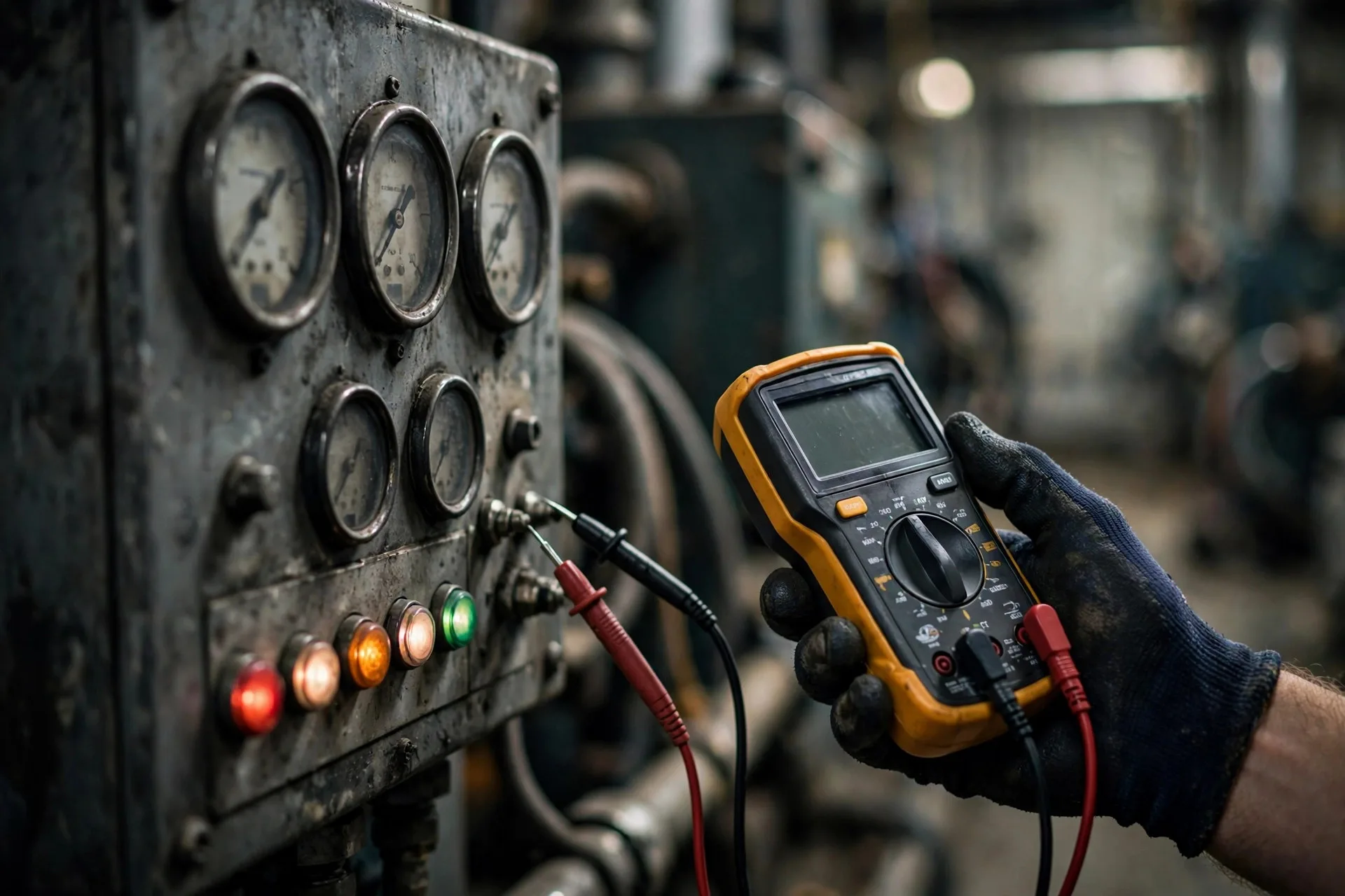 Technician measuring voltage on a diesel generator control panel with a multimeter during a capacitor bank load test