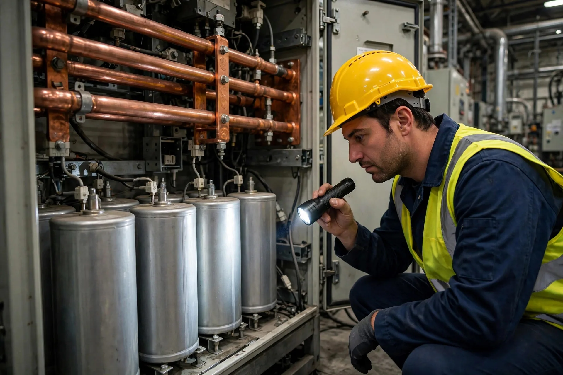 Technician inspecting power factor correction capacitors with a flashlight inside an electrical cabinet