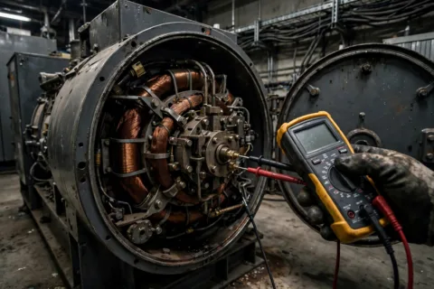 Technician testing a diesel generator exciter with a multimeter, rear cover removed, copper windings visible.