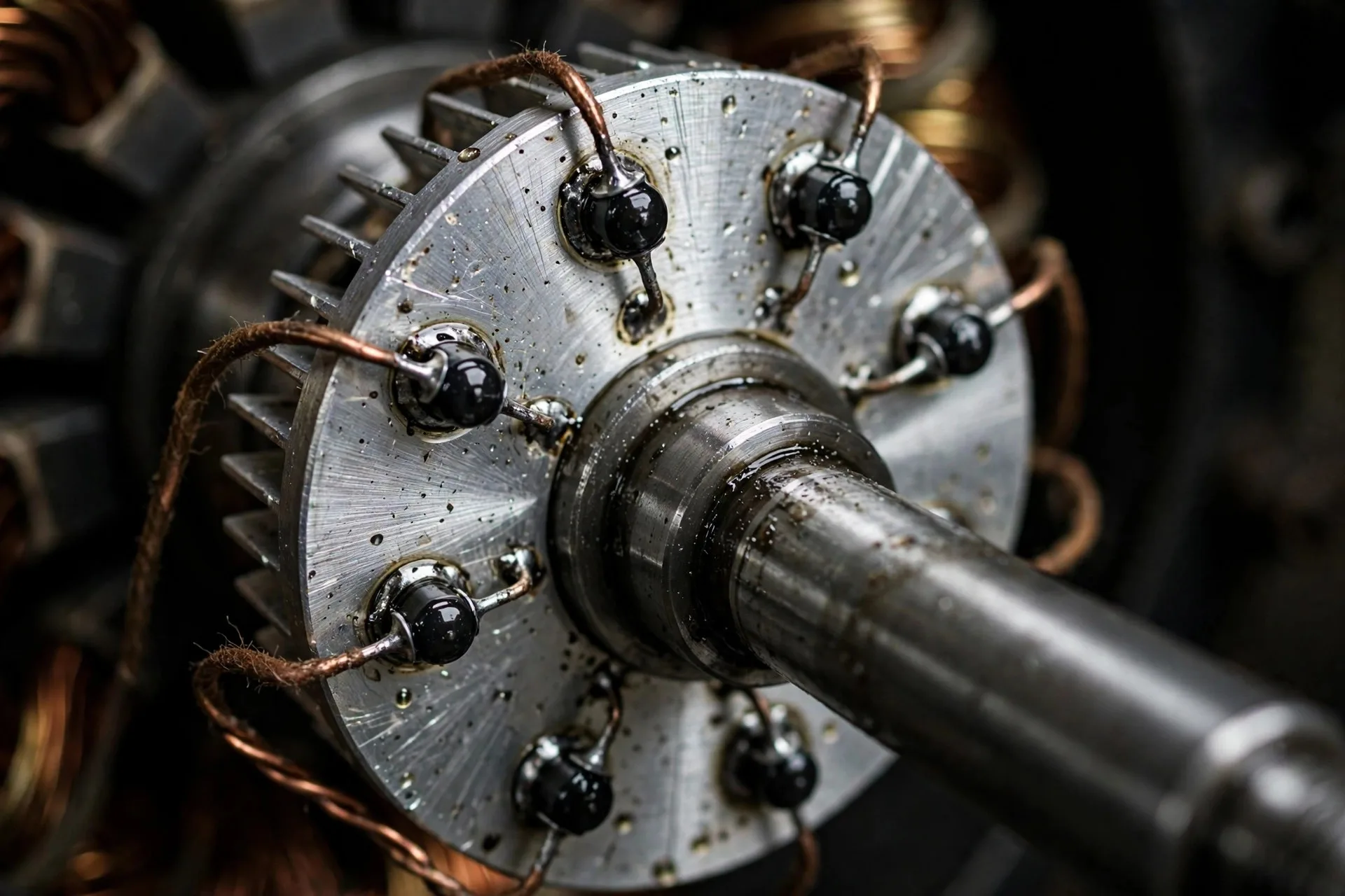 Close-up of a rotating rectifier diode plate on a diesel generator shaft with six black diodes