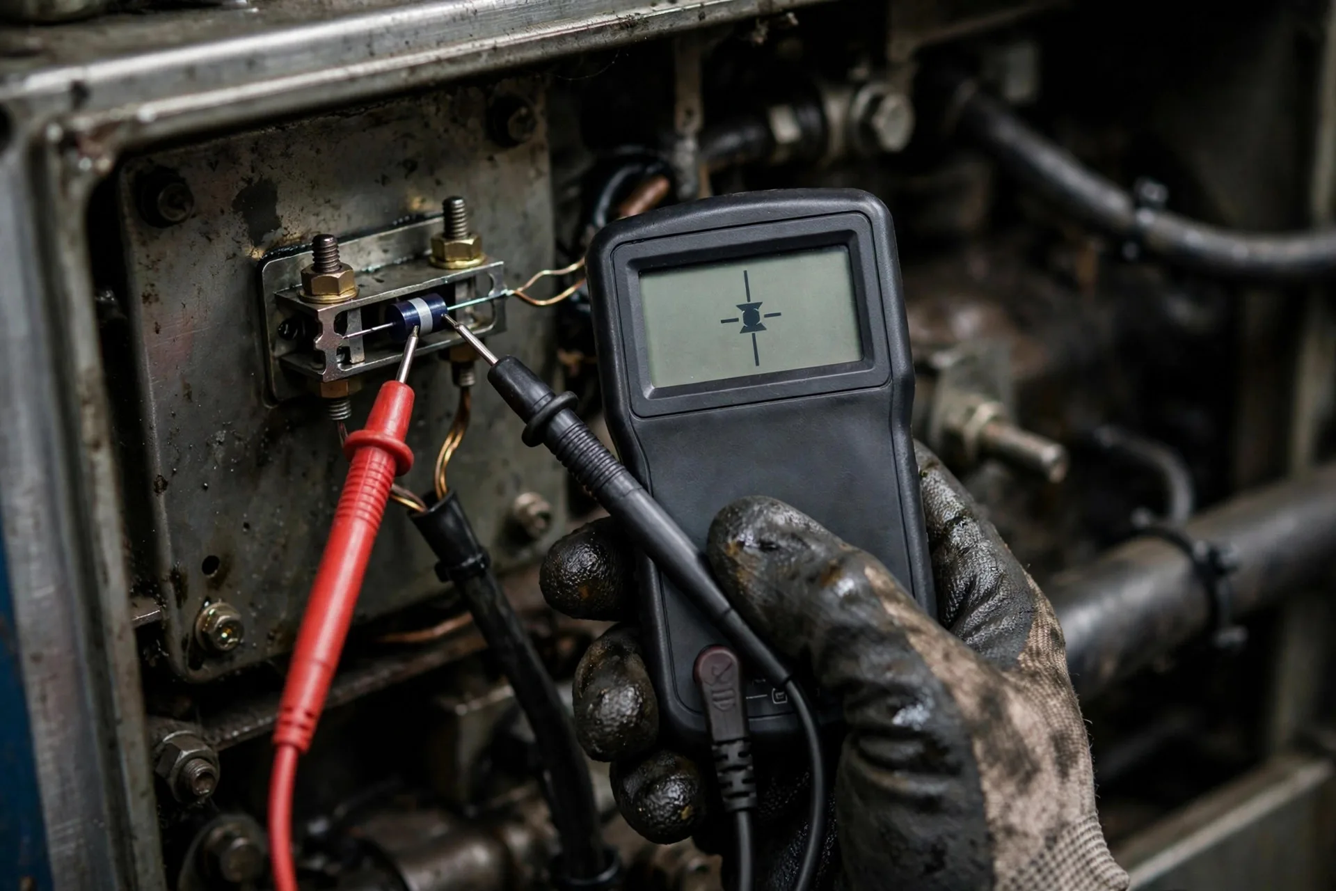 Multimeter in diode test mode probing a rectifier diode in a diesel generator alternator