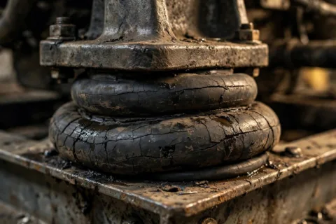 Close-up of a cracked, hardened rubber anti-vibration engine mount under a diesel generator engine foot — aged rubber that no longer isolates vibration