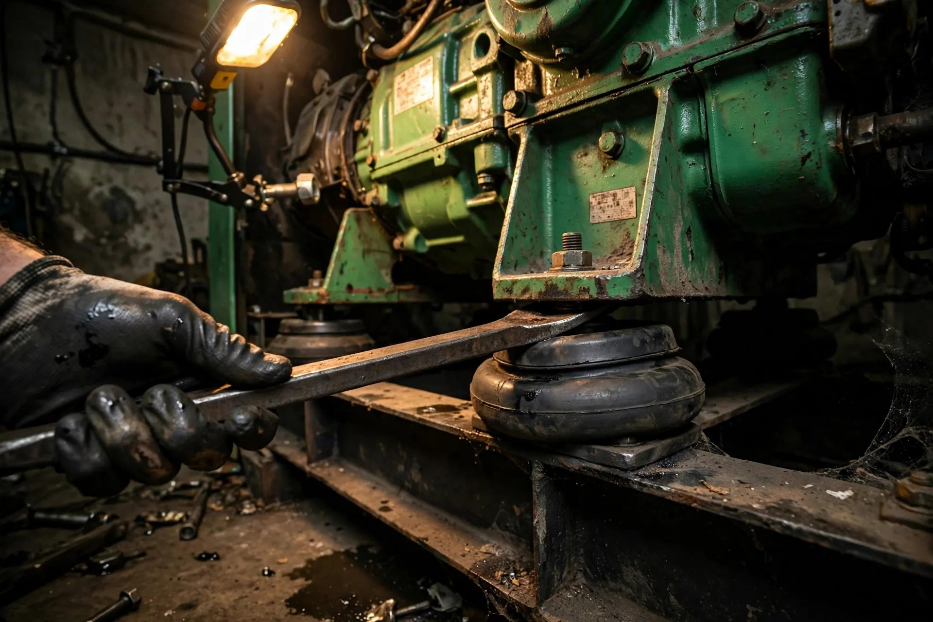 A technician's gloved hand levering a pry bar under a diesel generator engine foot to test anti-vibration mount deflection — a dead mount feels like prying against a curb