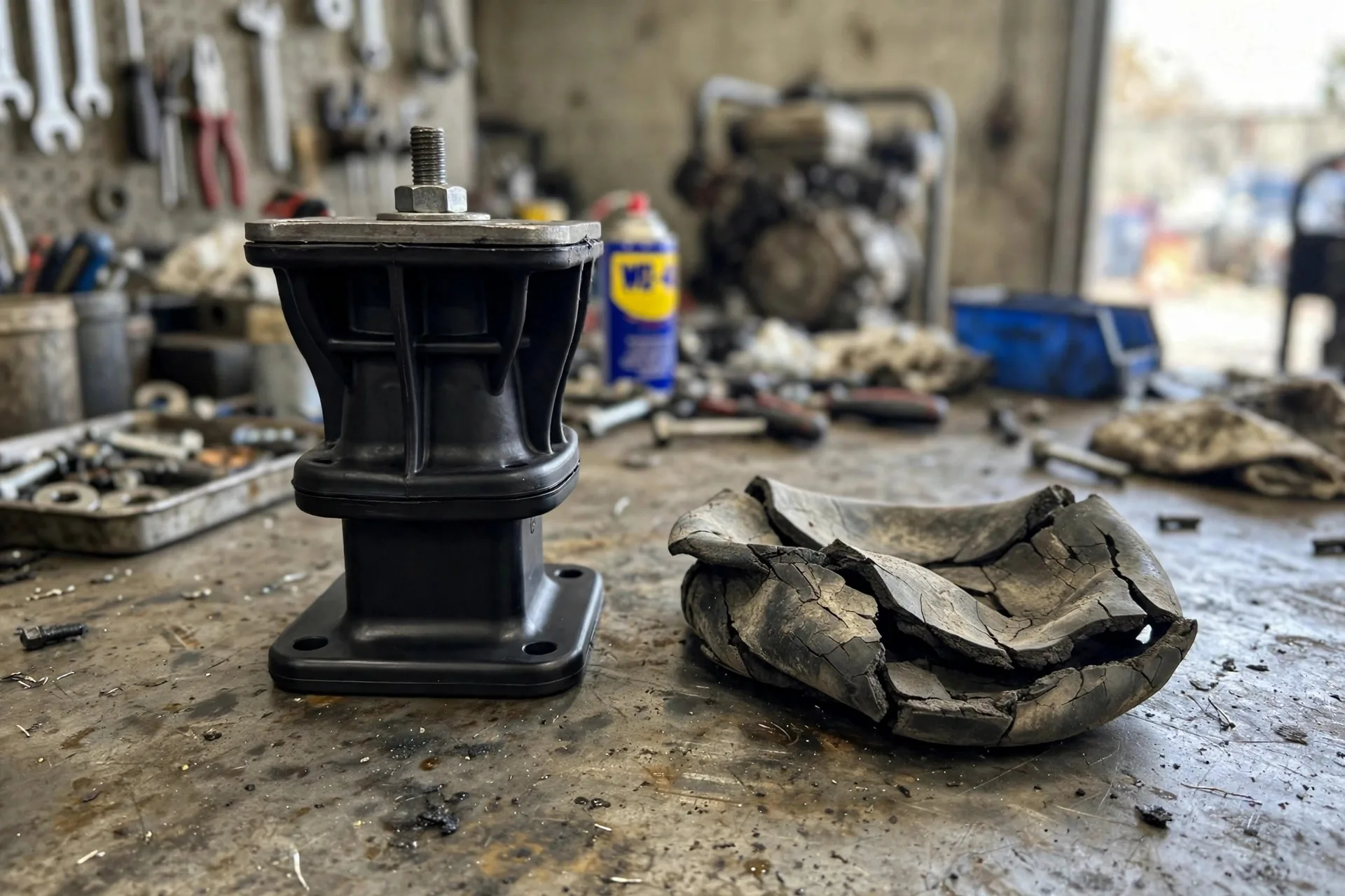 A new rubber engine mount beside a flattened, cracked ten-year-old mount on a workbench — aged rubber hardens and sags instead of absorbing vibration