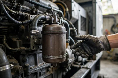 Spin-on coolant filter canister mounted on a diesel generator engine in a generator room, documentary industrial photograph