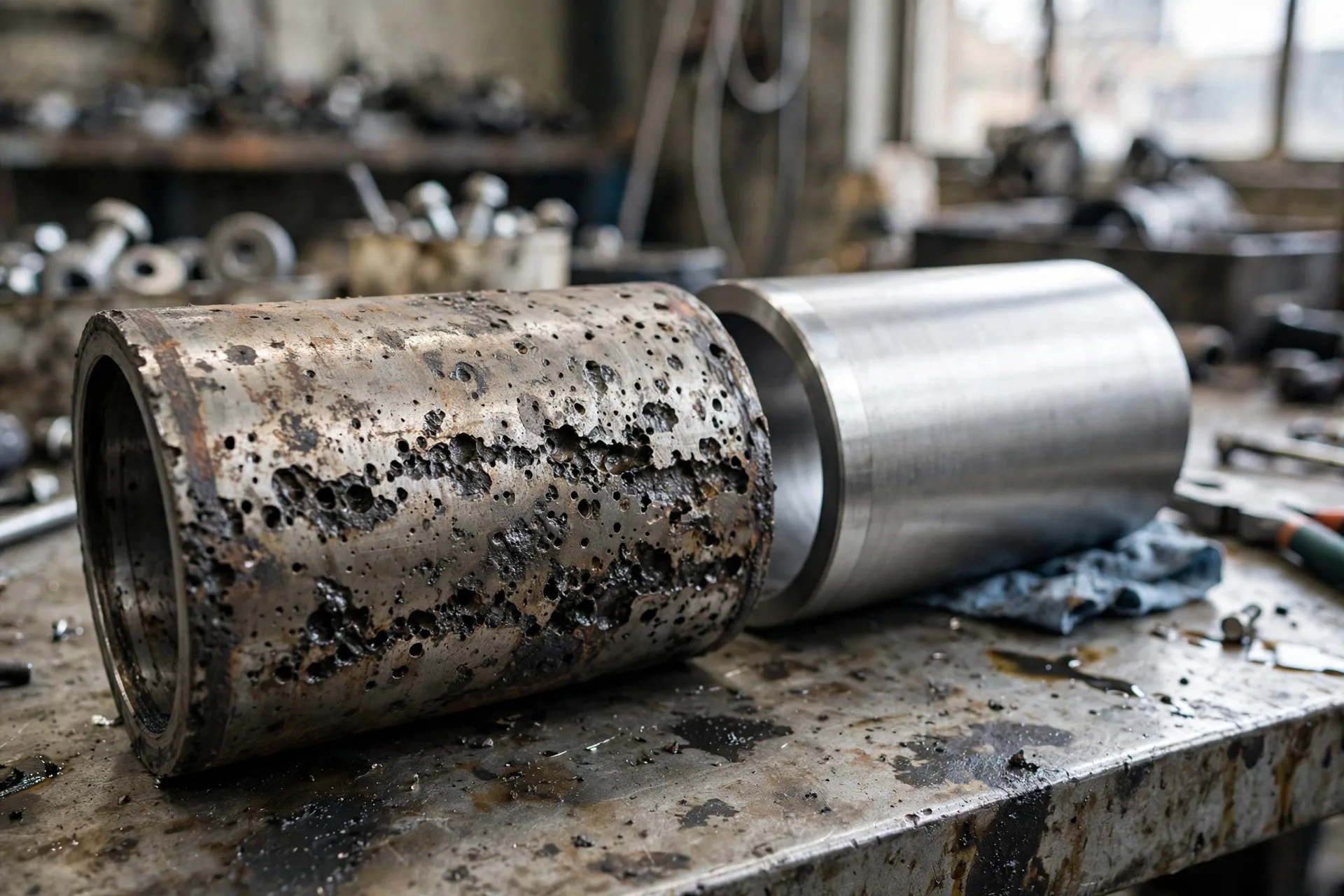 Cavitation erosion pitting on a diesel engine cylinder liner &mdash; the damage a depleted coolant filter lets happen