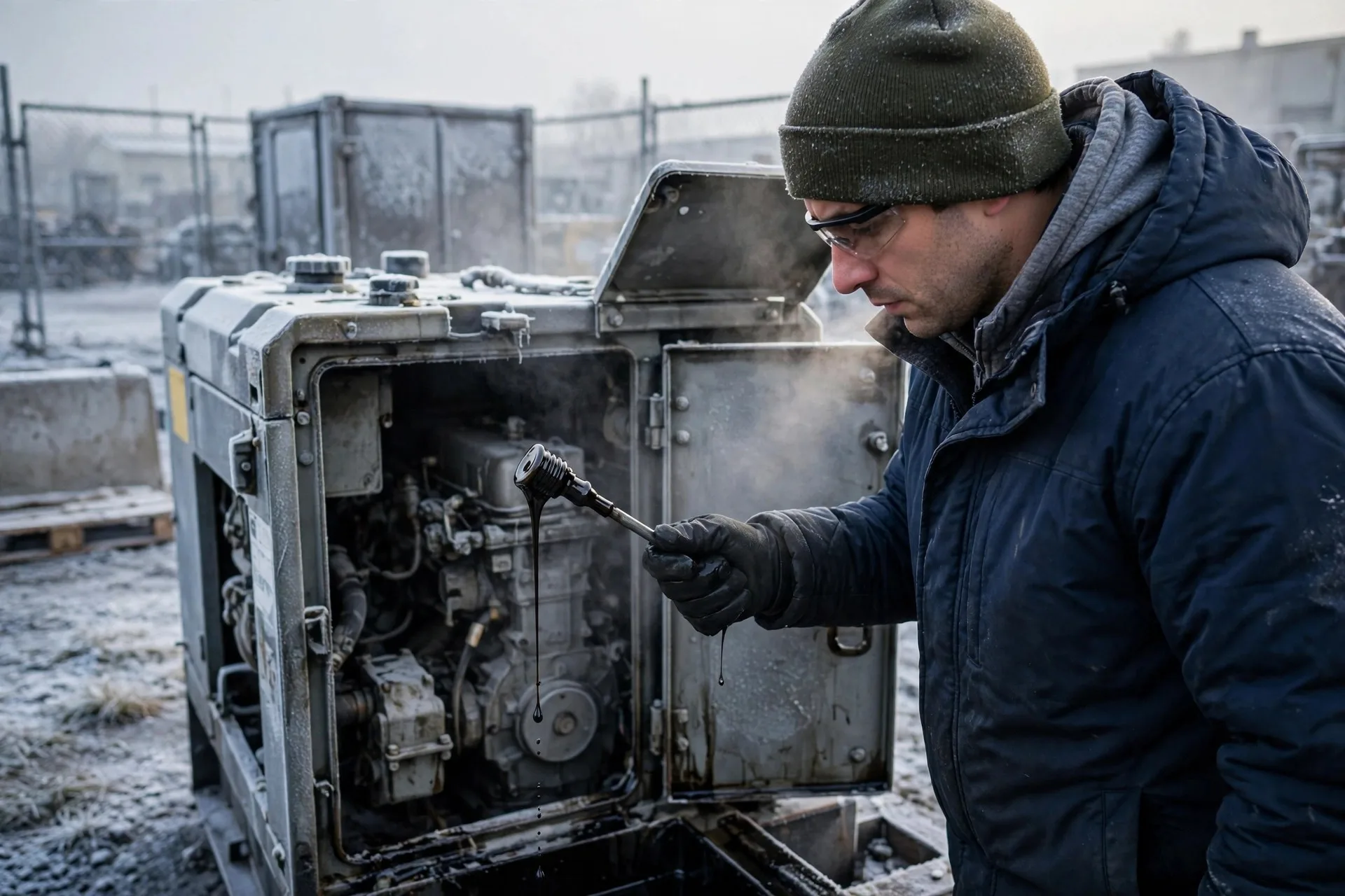 Checking engine oil viscosity on a frosty morning — cold oil pours like honey off the dipstick