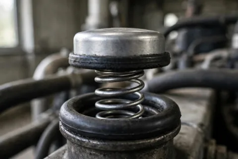 Close-up of a radiator pressure cap removed from a diesel generator radiator filler neck, spring and rubber seal visible