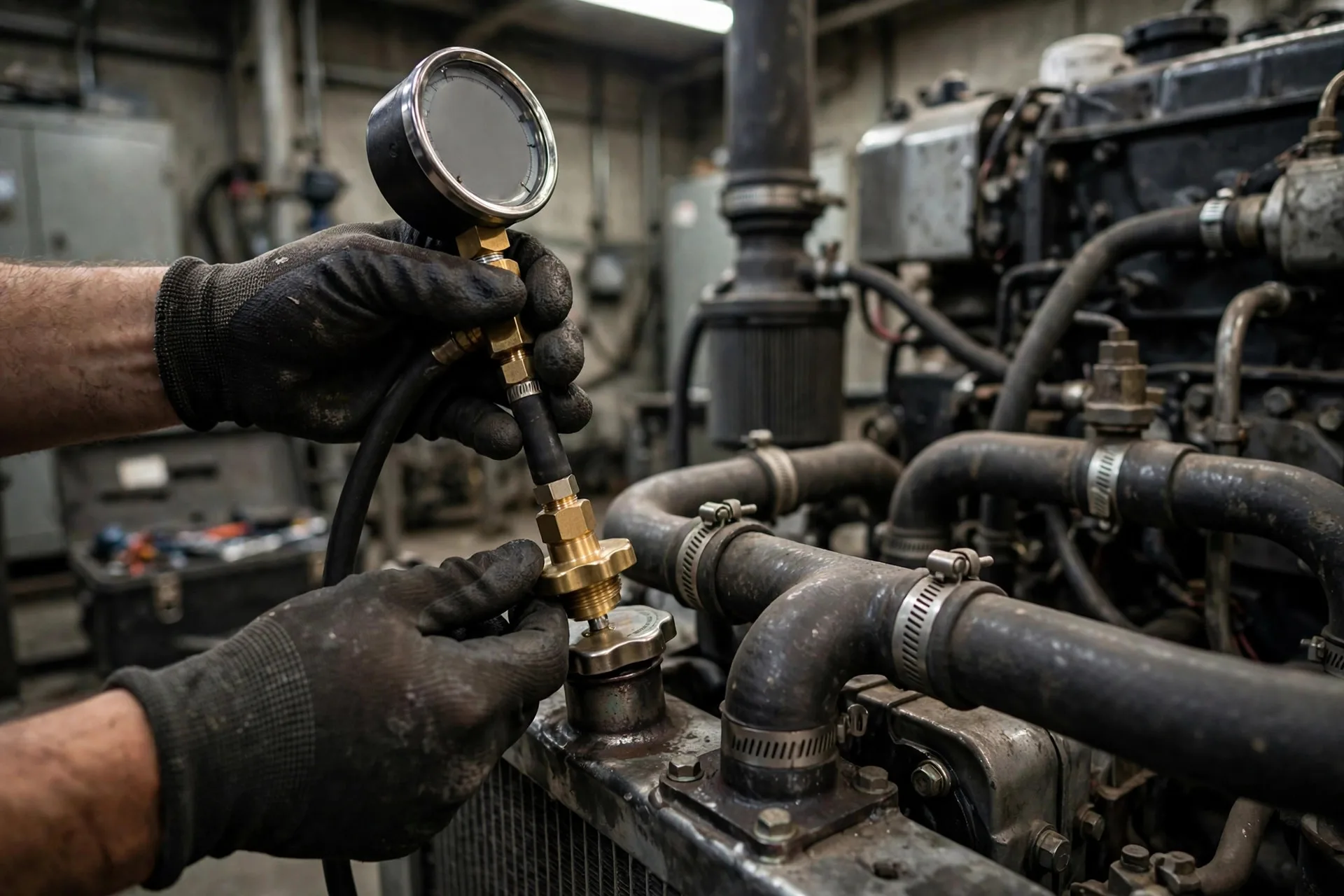 Technician's gloved hand testing a diesel generator radiator cap with a cooling system pressure tester and cap adapter