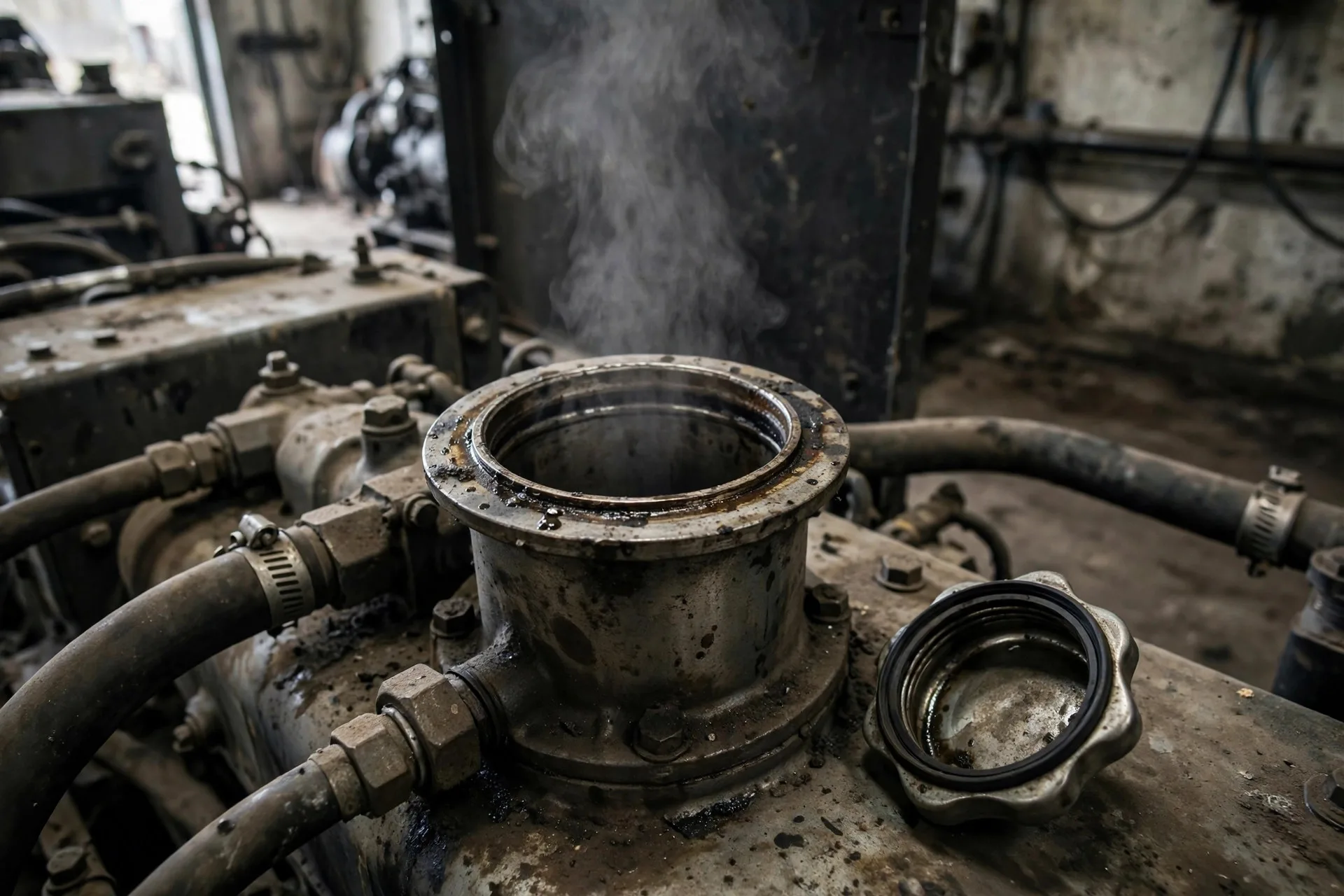 Steam rising from an open diesel generator radiator filler neck with the failed pressure cap lying beside it