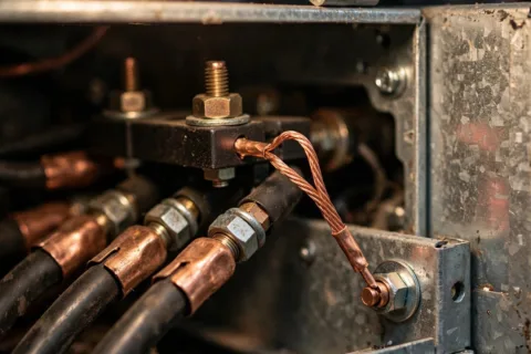 Neutral-to-ground bonding jumper wire inside a diesel generator alternator terminal box