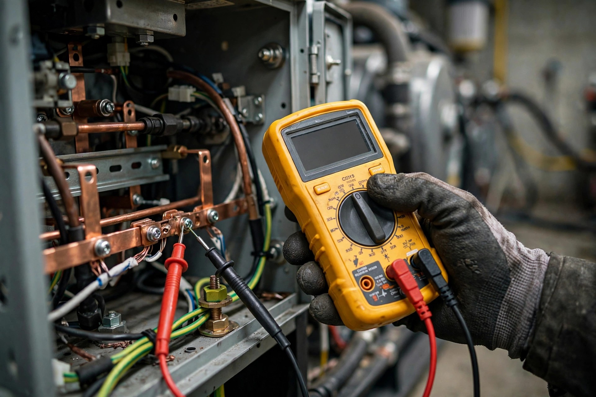 Technician testing neutral-to-ground continuity with a multimeter in a diesel generator connection box