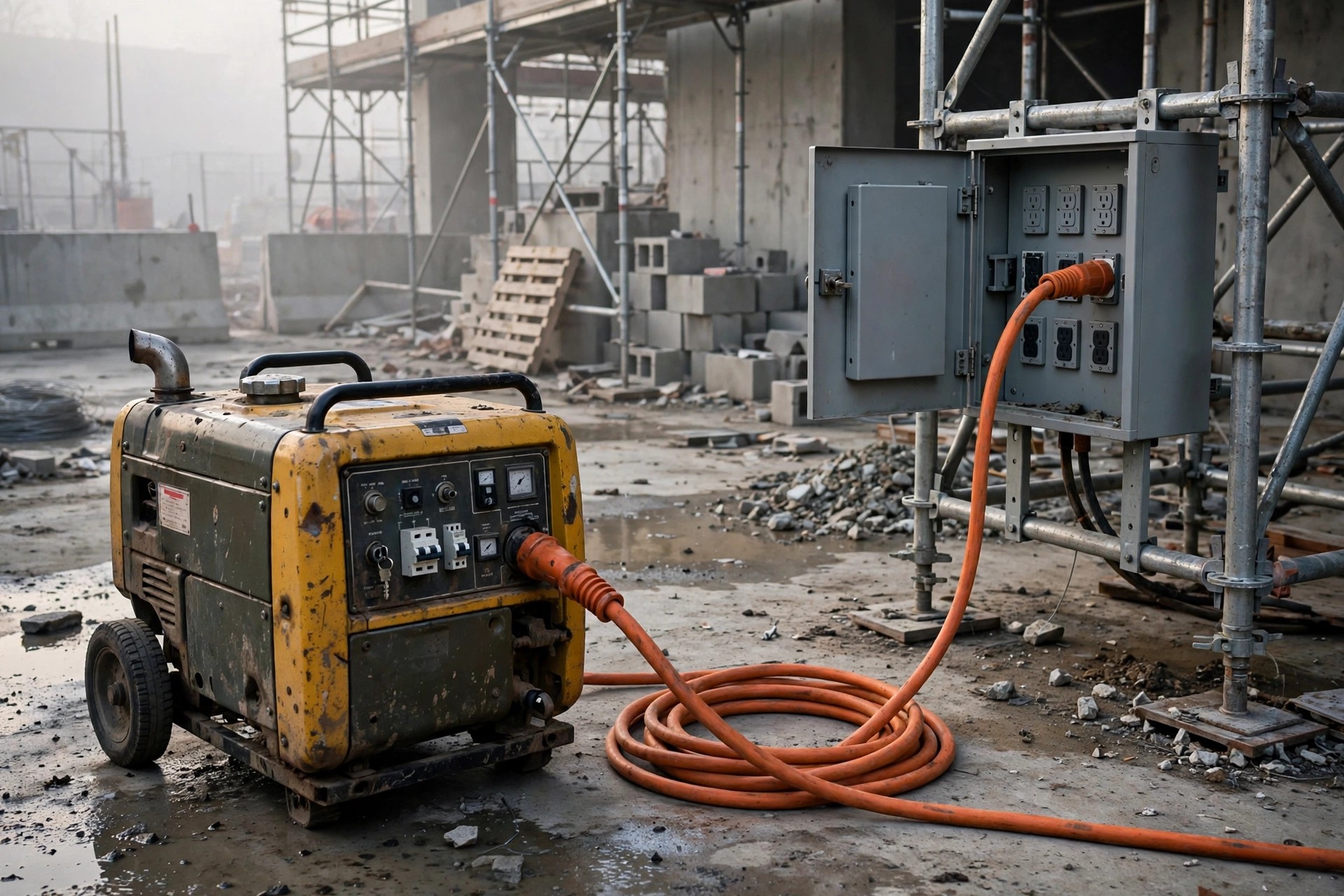 Portable diesel generator on a construction job site powering tools through a temporary distribution panel