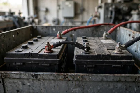 Two 12-volt batteries wired in series inside a diesel generator battery box, heavy cables on bolted terminals.