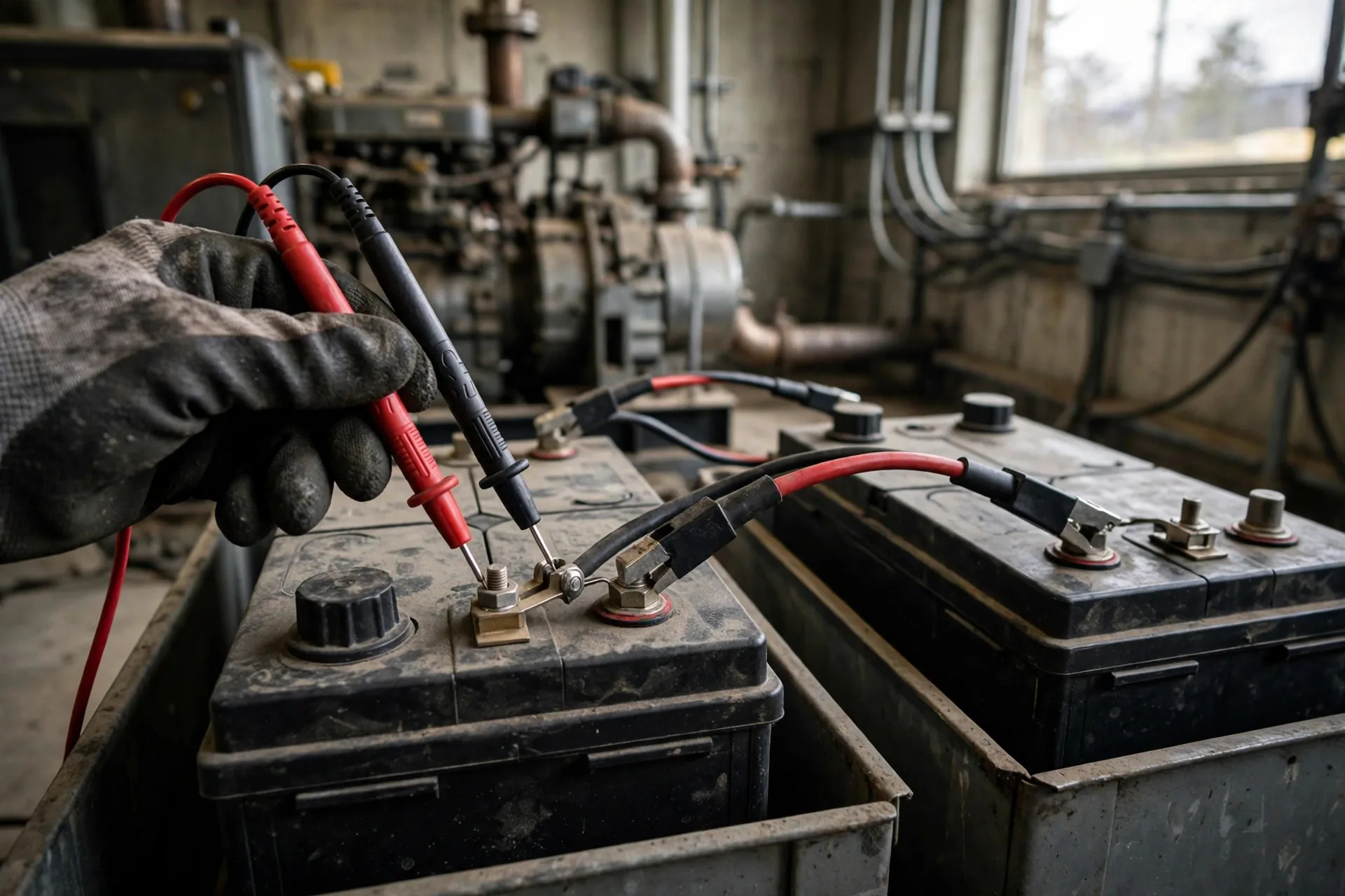 Technician's gloved hand measuring a single 12-volt battery with multimeter probes in a 24-volt generator battery bank
