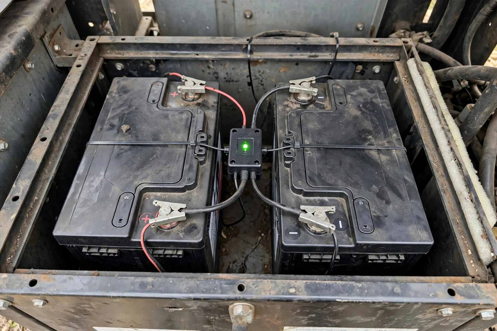 Battery equalizer device with green LED wired across the midpoint of a 24-volt diesel generator battery bank