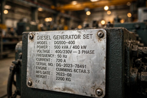 Close-up of a diesel generator nameplate showing the 50Hz frequency rating on an industrial genset