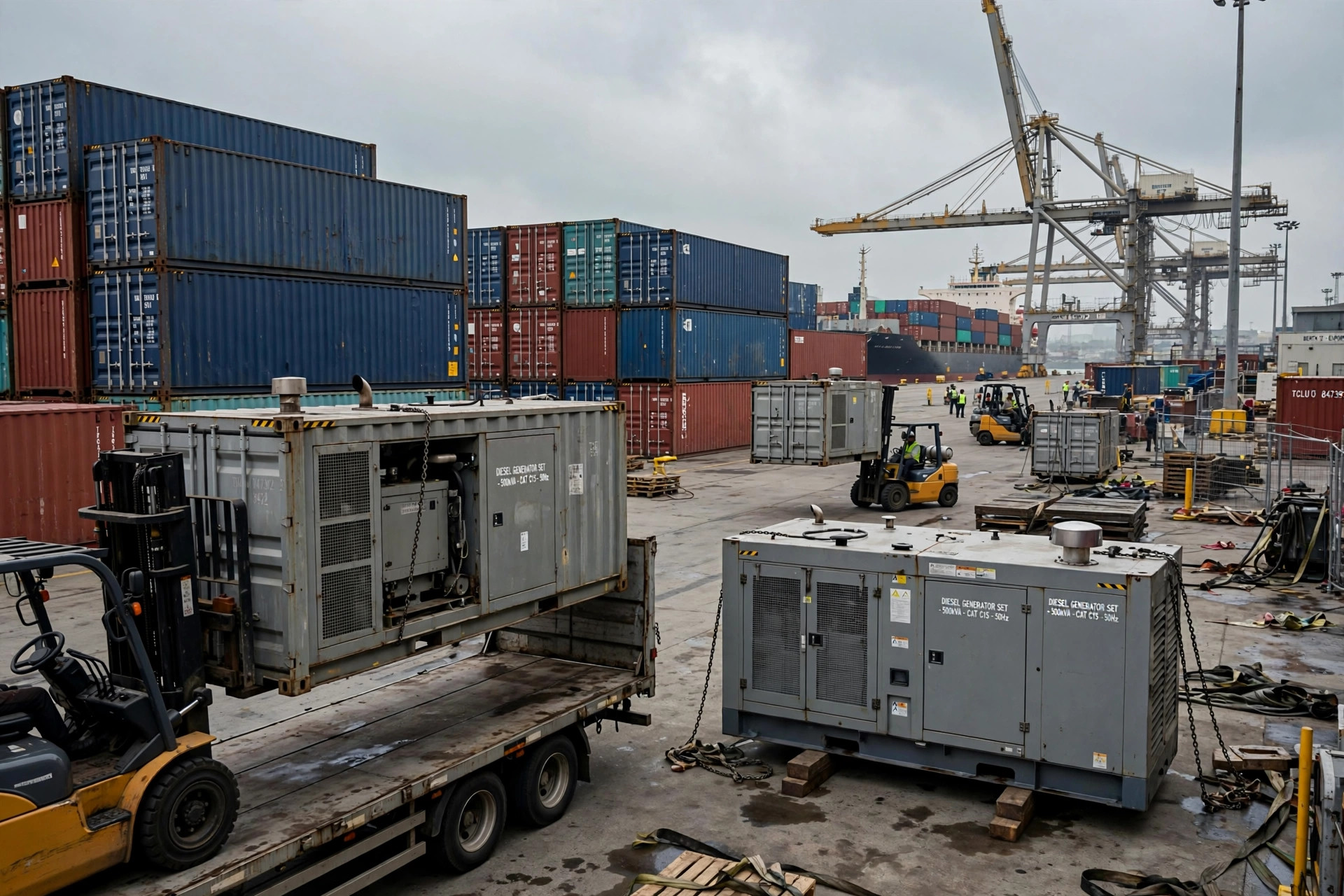 Containerized diesel generators loaded at an export port for overseas shipment