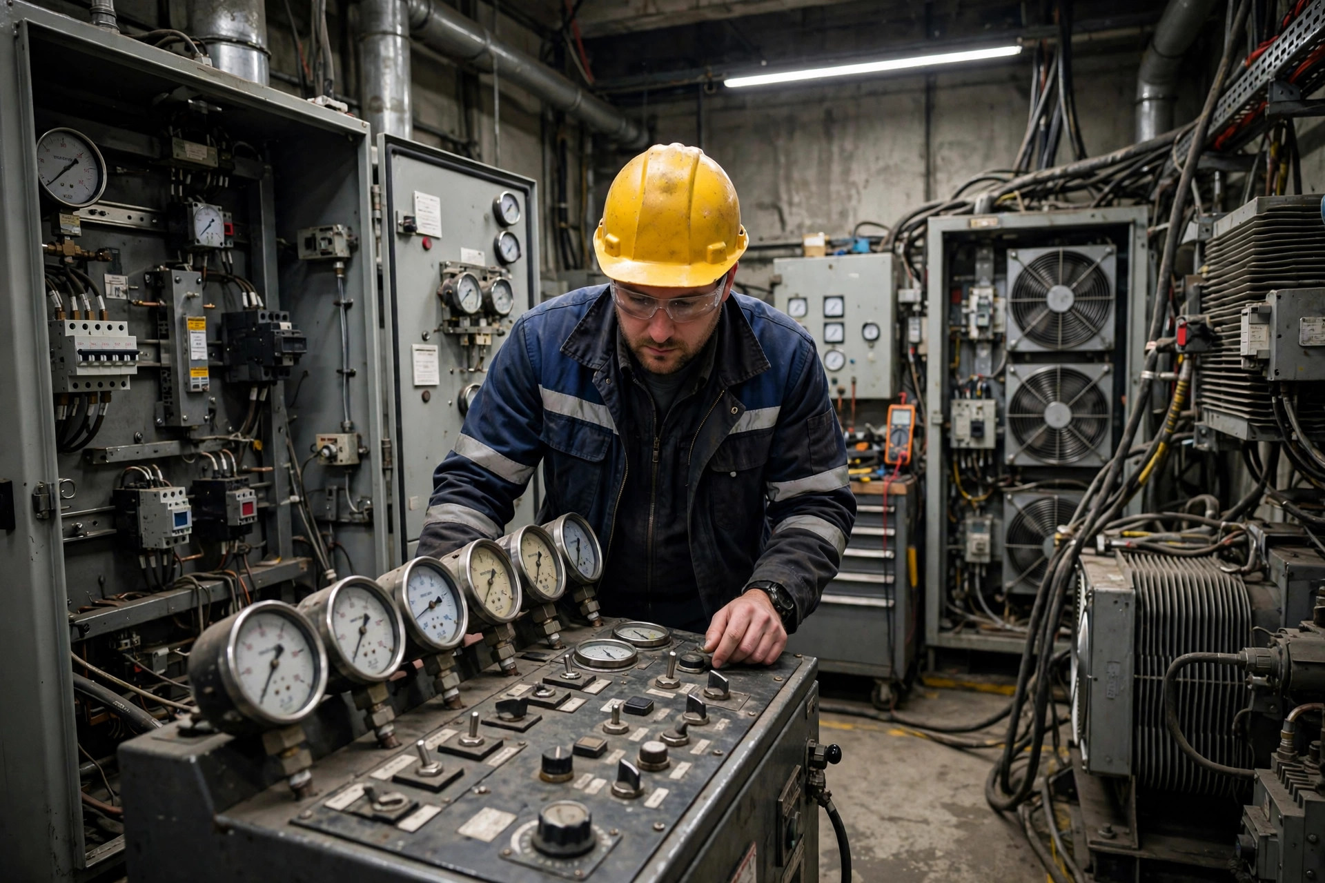 Engineer inspecting a generator control panel in a factory load-bank test room
