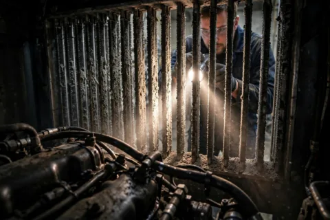 A technician shining a flashlight through dust-clogged radiator fins from the engine side of a diesel generator