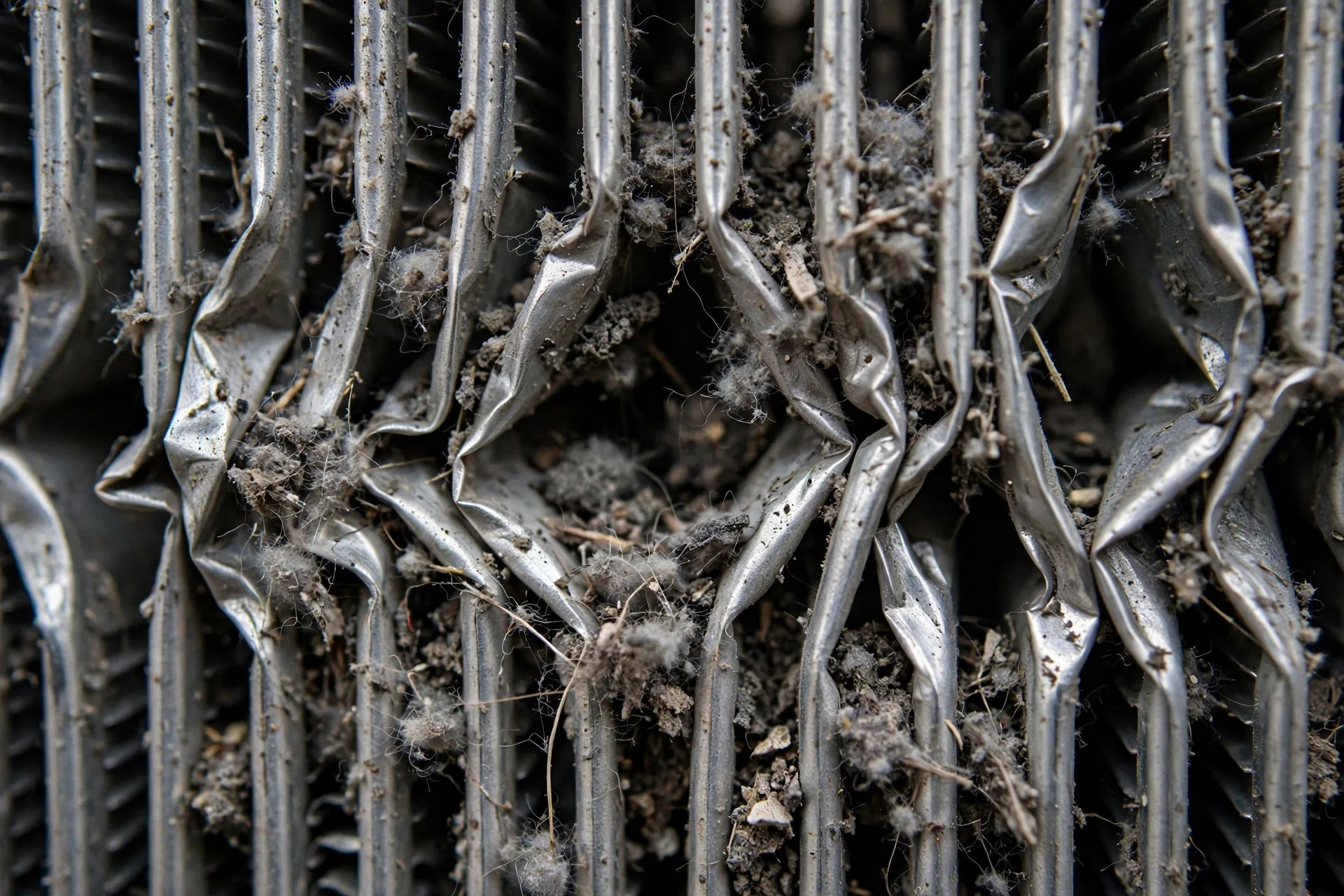 Close-up of diesel generator radiator fins packed solid with dust and debris on the hidden engine-facing side