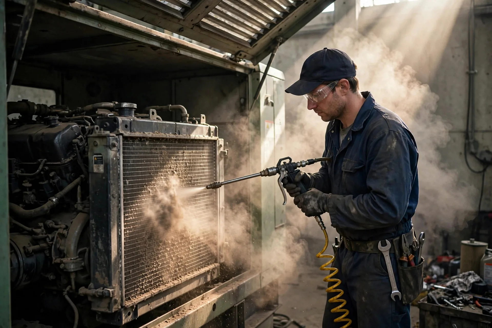 A technician blowing compressed air through a diesel generator radiator from the engine side to clear fin blockage