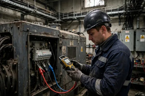 A technician checking phase rotation with a handheld meter on the output breaker of a diesel generator
