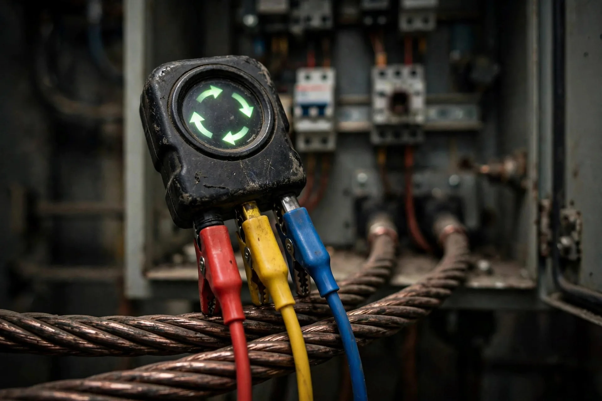 Close-up of a phase rotation meter clipped to three-phase cables at a generator transfer switch