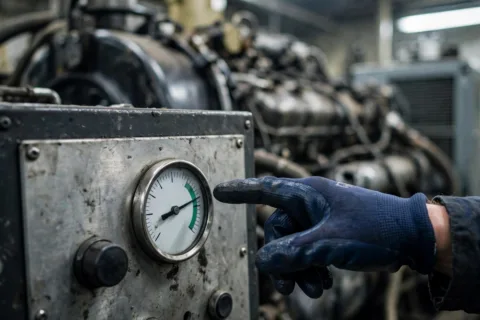 Technician pointing at a diesel generator control panel temperature gauge reading normal while the engine runs hot — panel gauges lie in both directions