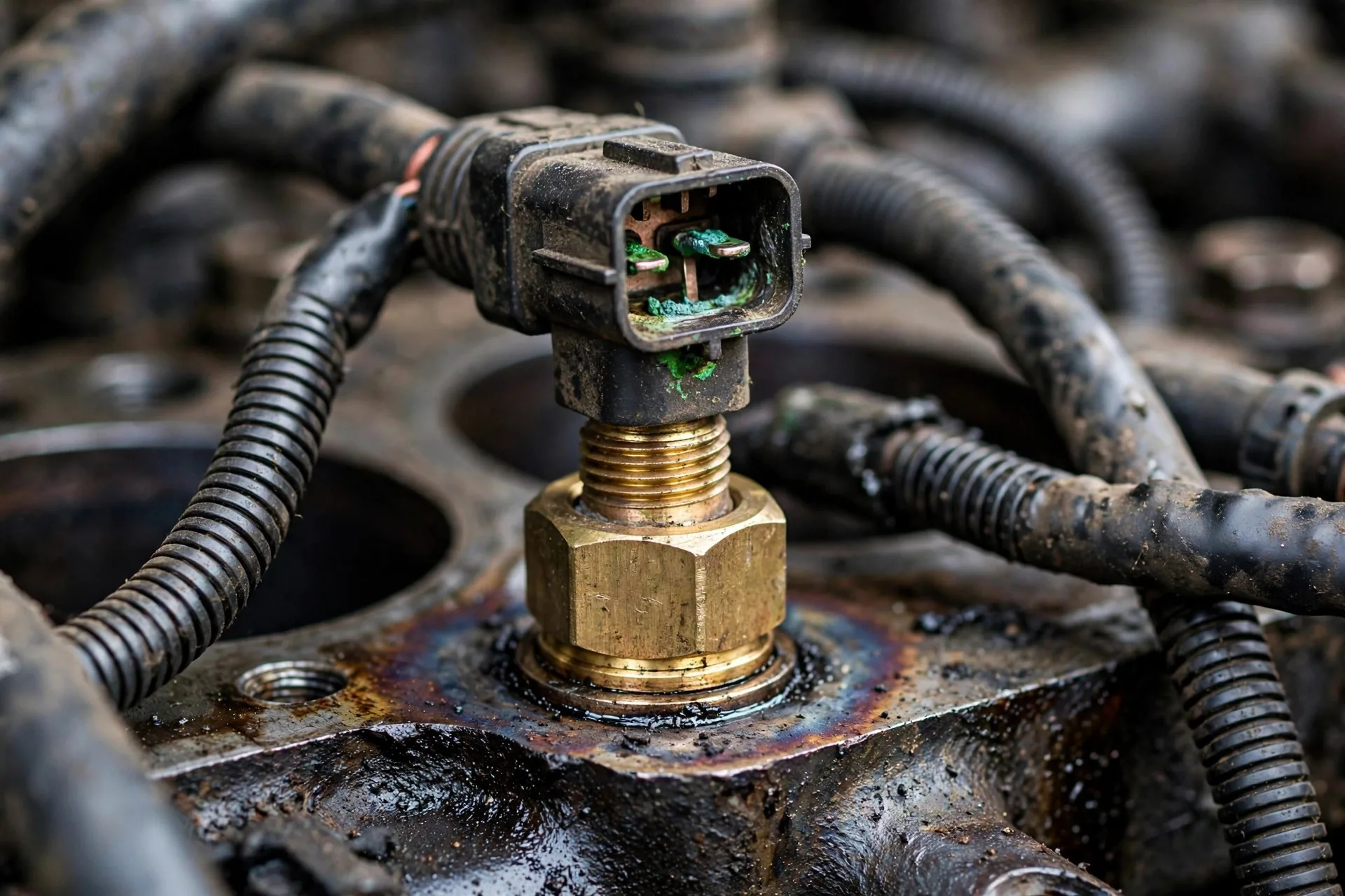 Close-up of a corroded coolant temperature sensor connector on a diesel generator engine — green crust on the pins adds resistance and makes the gauge read colder than the engine really is