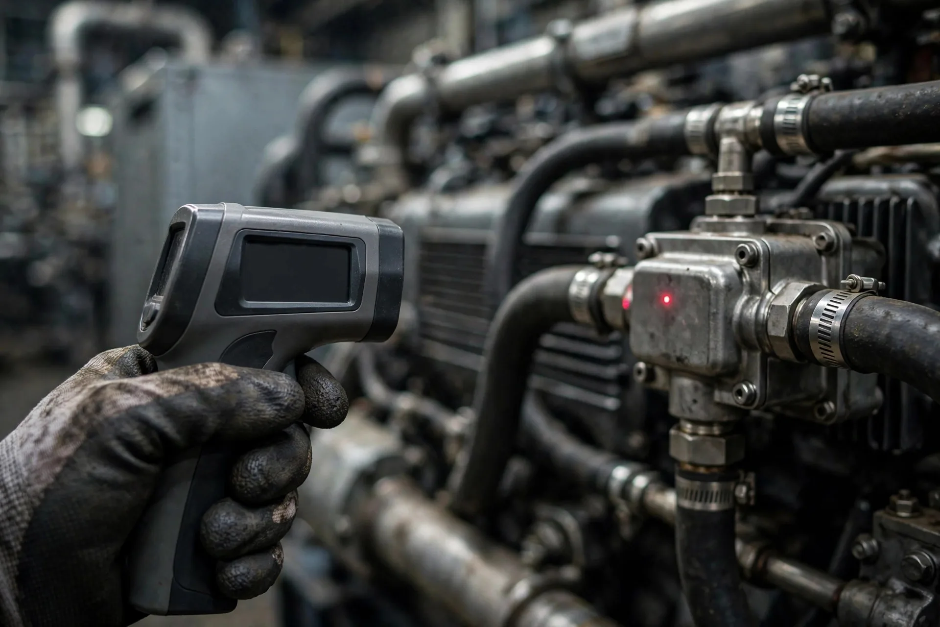 A technician aiming an infrared thermometer at a diesel generator's thermostat housing — the two-minute loaded check that catches a lying panel gauge