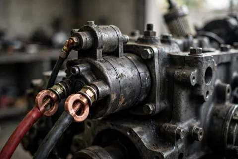 Close-up of a diesel generator starter motor with heavy battery cables connected to its terminals, industrial engine bay