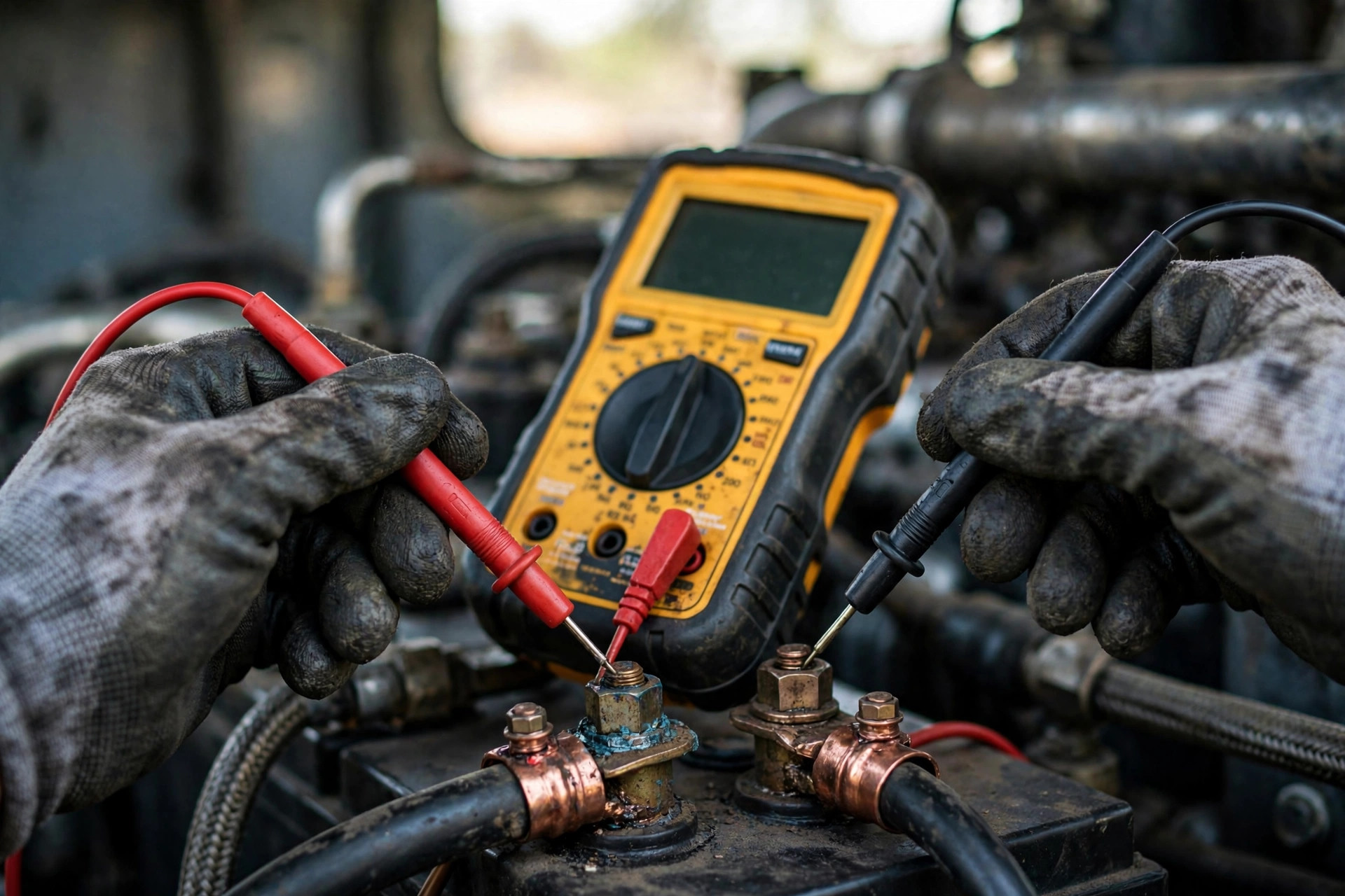Technician measuring voltage drop across a diesel generator starter circuit with a digital multimeter while the engine cranks